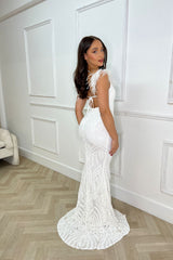 Trophy White Luxe Plunge Tribal Sequin Embellished Illusion Feather Open Back Maxi Dress