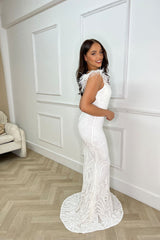 Trophy White Luxe Plunge Tribal Sequin Embellished Illusion Feather Open Back Maxi Dress