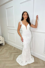 Trophy White Luxe Plunge Tribal Sequin Embellished Illusion Feather Open Back Maxi Dress