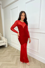 Loretta Red Sweetheart Mesh Sheer Ruched Long Sleeve Maxi Dress