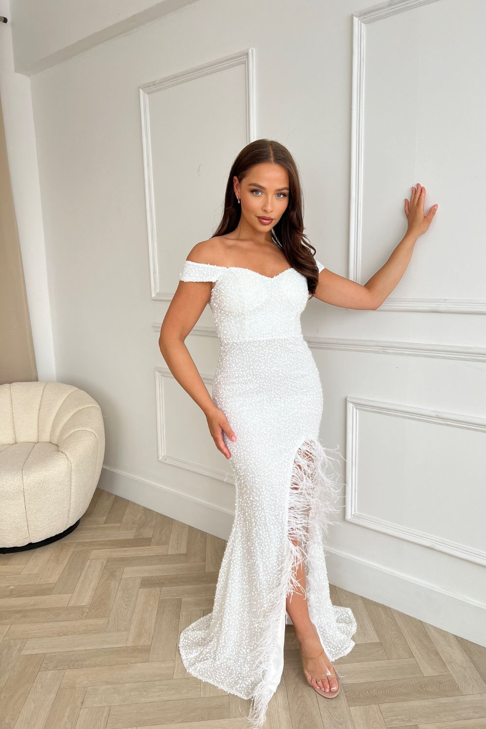 Galaxy White Luxe Sequin Embellished Off The Shoulder Bardot Feather Slit Maxi Dress