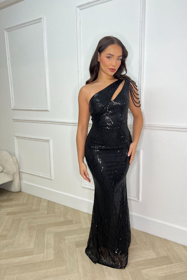 glamourous black little black dress maxi one shoulder sequin embellished party evening prom wedding guest dress