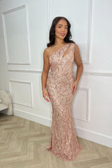 Impress Luxe Rose Gold One Shoulder Beaded Fringe Sequin Embellished Illusion Maxi Dress