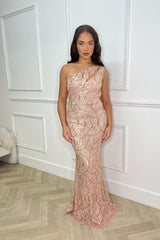 Impress Luxe Rose Gold One Shoulder Beaded Fringe Sequin Embellished Illusion Maxi Dress