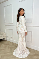 Arabella White Luxe Tribal Vip Sequin Plunge Fishtail Dress