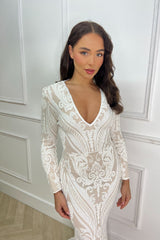 Arabella White Luxe Tribal Vip Sequin Plunge Fishtail Dress