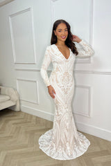 Arabella White Luxe Tribal Vip Sequin Plunge Fishtail Dress