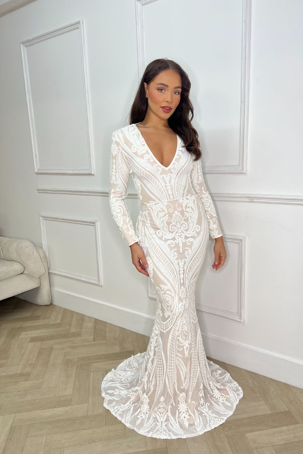 Arabella White Luxe Tribal Vip Sequin Plunge Fishtail Dress