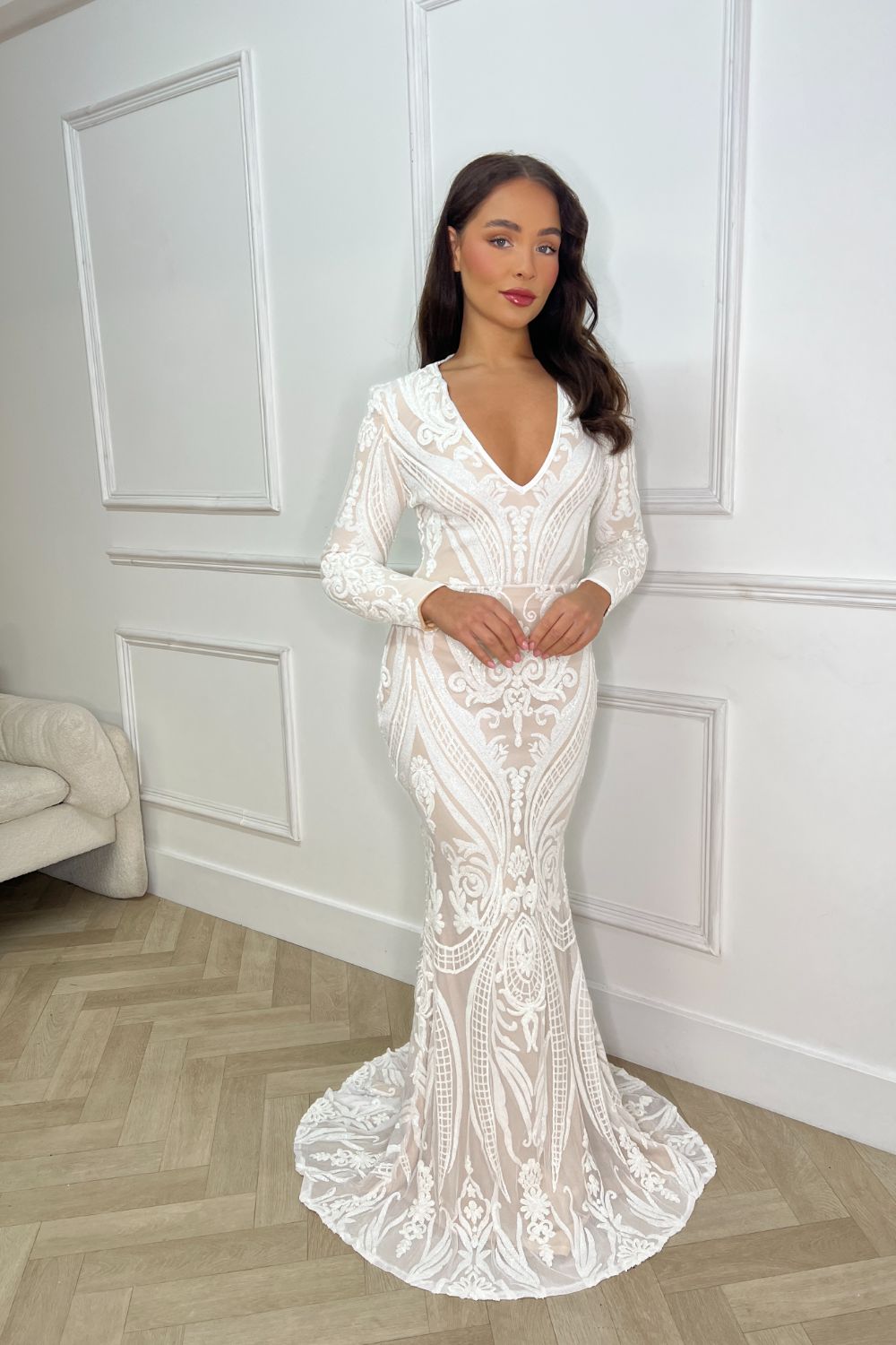 Arabella White Luxe Tribal Vip Sequin Plunge Fishtail Dress