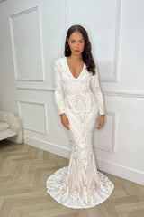 Arabella White Luxe Tribal Vip Sequin Plunge Fishtail Dress