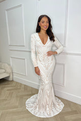 Arabella White Luxe Tribal Vip Sequin Plunge Fishtail Dress