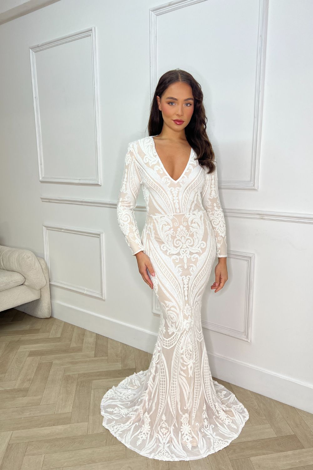 Arabella White Luxe Tribal Vip Sequin Plunge Fishtail Dress