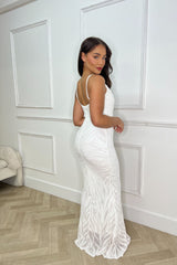 Royalty Luxe White Plunge Floral Embellished Sequin Mermaid Hourglass Maxi Dress