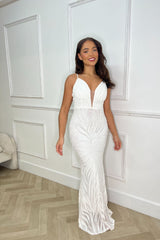 Royalty Luxe White Plunge Floral Embellished Sequin Mermaid Hourglass Maxi Dress