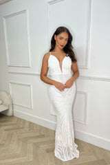 Royalty Luxe White Plunge Floral Embellished Sequin Mermaid Hourglass Maxi Dress