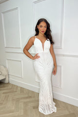 Royalty Luxe White Plunge Floral Embellished Sequin Mermaid Hourglass Maxi Dress