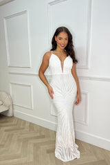 Royalty Luxe White Plunge Floral Embellished Sequin Mermaid Hourglass Maxi Dress