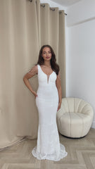 Centerpiece White Plunge Luxe Beaded Shoulder Fringe Sequin Embellished Illusion Maxi Dress