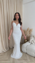 Vanity White Luxe Sweetheart Beaded Shoulder Fringe Sequin Embellished Mermaid Illusion Maxi Dress