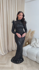 Saint Black Luxe Sequin Embellished Hourglass Illusion Long Sleeve Feather Maxi Dress