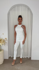 Shadow Luxe Exclusive White High Neck Beaded Shoulder Sequin Embellished Hourglass Illusion Jumpsuit