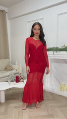 Loretta Red Sweetheart Mesh Sheer Ruched Long Sleeve Maxi Dress
