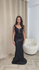 Centerpiece Black Plunge Luxe Beaded Shoulder Fringe Sequin Embellished Illusion Maxi Dress