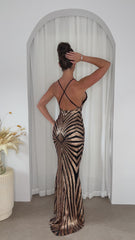 Timeless Black Gold Plunge Sequin Hourglass Illusion Mermaid Maxi Dress