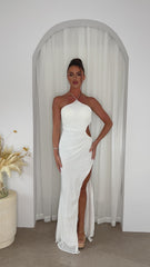 Vision White Luxe Sequin Rhinestone Jewelled Halter Neck Thigh Slit Maxi Dress