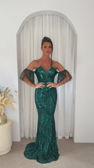 Enchanted Green Plunge V Neck Bardot Tassel Fringe Luxe Sequin Embellished Illusion Maxi Dress