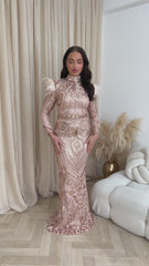 Saint Rose Gold Luxe Sequin Embellished Hourglass Illusion Long Sleeve Feather Maxi Dress