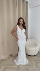 Centerpiece White Plunge Luxe Beaded Shoulder Fringe Sequin Embellished Illusion Maxi Dress