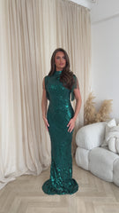 Magic Vip Green Luxe Tassel Fringe Sequin Embellished Illusion Maxi Dress