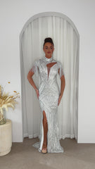 Runaway Silver Luxe Sequin Tassel Fringe Hourglass Embellished Illusion Fishtail Slit Maxi Gown Dress