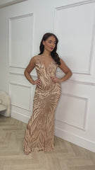 Royalty Luxe Champagne Rose Gold Plunge Floral Embellished Sequin Mermaid Hourglass Maxi Dress