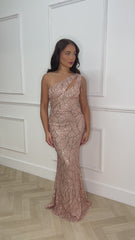 Impress Luxe Rose Gold One Shoulder Beaded Fringe Sequin Embellished Illusion Maxi Dress