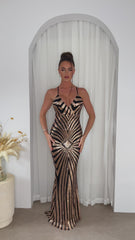 Timeless Black Gold Plunge Sequin Hourglass Illusion Mermaid Maxi Dress