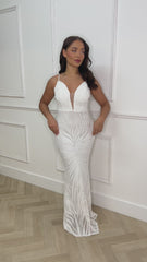 Royalty Luxe White Plunge Floral Embellished Sequin Mermaid Hourglass Maxi Dress