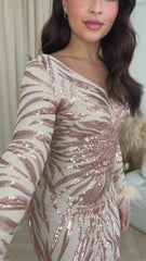 Amour Rose Gold Luxe Embellished Hourglass Sequin Long Sleeve Feather Cuff Dress