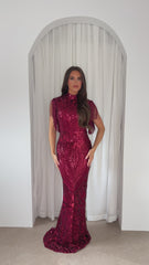 Magic Vip Berry Red Luxe Tassel Fringe Sequin Embellished Illusion Maxi Dress