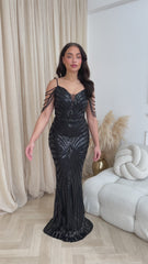 Vanity Black Luxe Sweetheart Beaded Shoulder Fringe Sequin Embellished Mermaid Illusion Maxi Dress