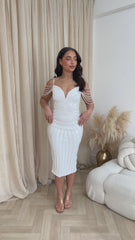 Promise White Luxe Sweetheart Beaded Shoulder Fringe Sequin Embellished Hourglass Illusion Midi Dress