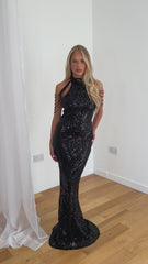 Starstruck Black High Neck Luxe Beaded Shoulder Fringe Sequin Embellished Illusion Maxi Dress