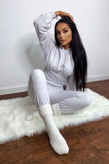 Ari Light Grey Ribbed Waist Hoodie Tracksuit Set