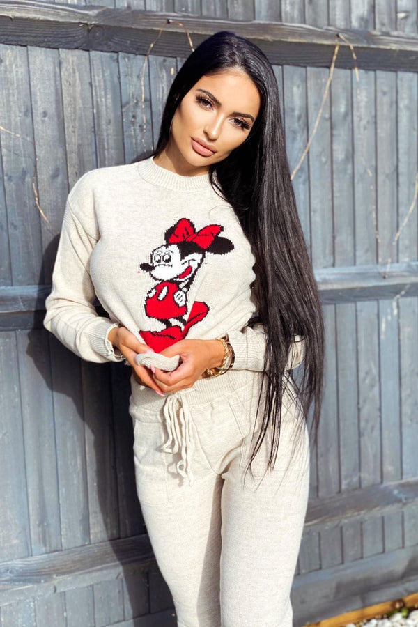 Minnie Mouse Beige Knit Woven Cartoon Lounge Set