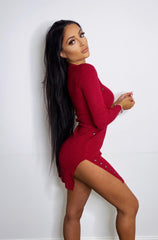 Celina Red Button Ribbed Knitted Long Sleeve Double Slit Mini Dress