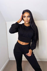 Sasha Black Under Bra Waisted Sweatshirt Tracksuit Set