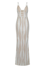 Virgo White Nude Plunge Cage Sequin Bandage Illusion Maxi Dress