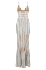 Virgo White Nude Plunge Cage Sequin Bandage Illusion Maxi Dress