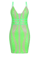 Limelight Neon Green Plunge Cage Sequin Bandage Illusion Mini Dress